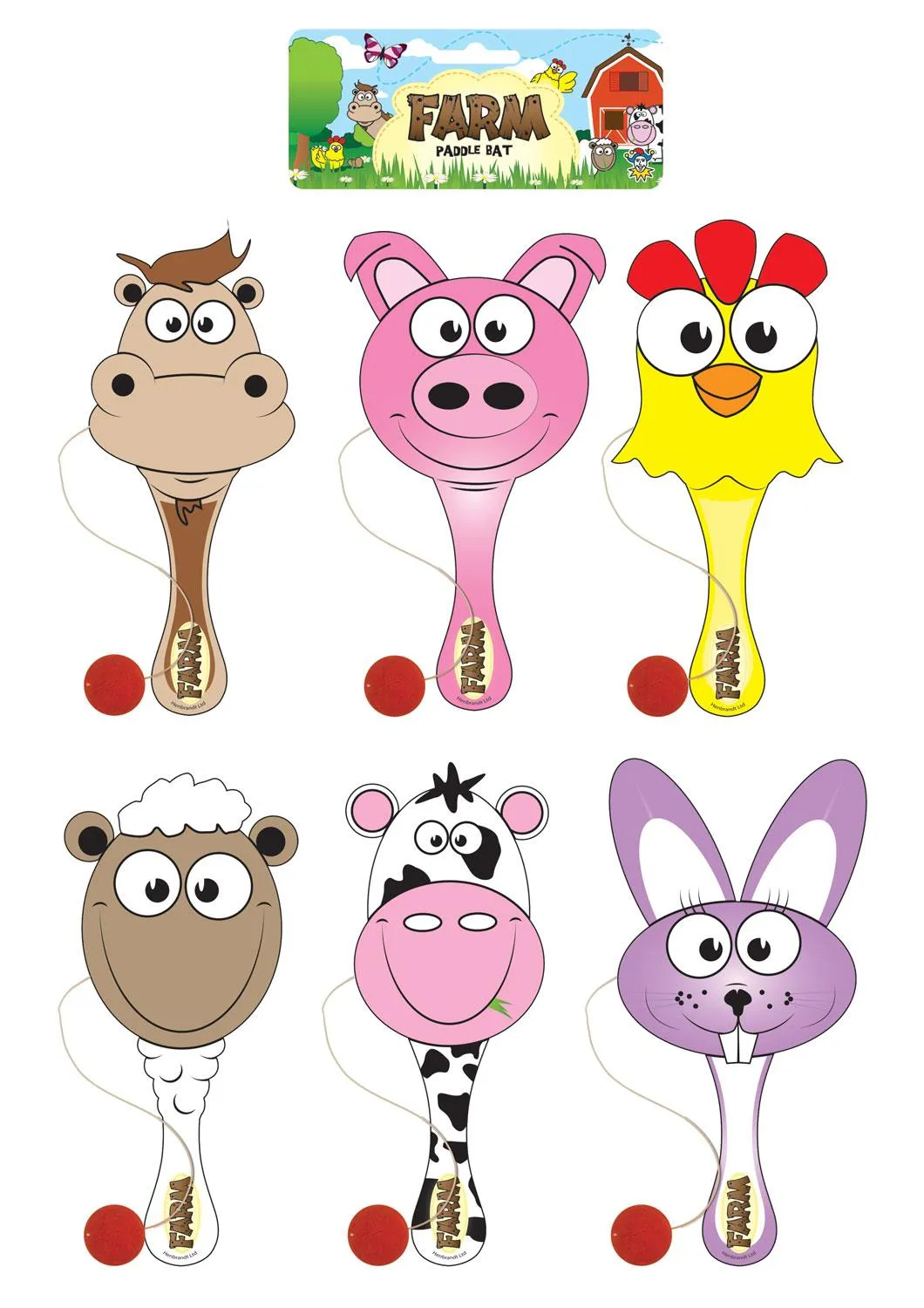 12 Wooden Paddle Bats & Balls - Farm Animals