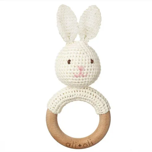 Baby Teething Rattle, Wood Ring, Crochet Bunny