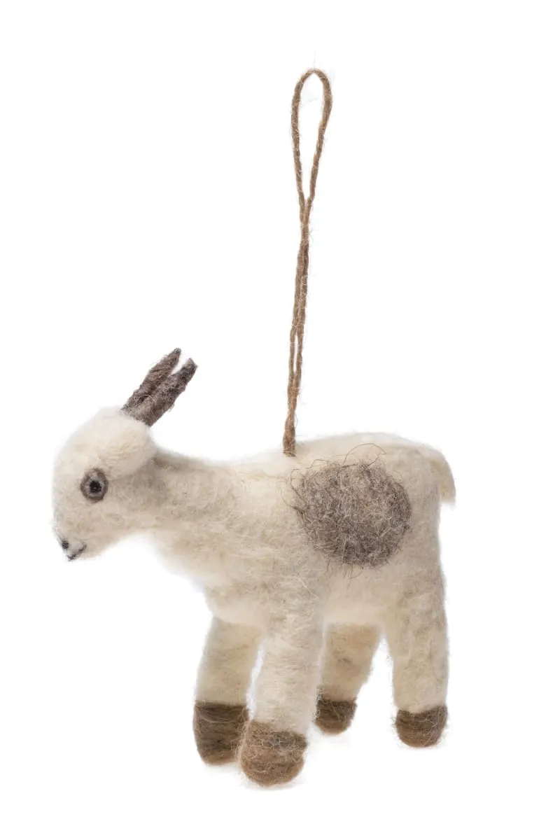 De Kulture Handmade Premium Wool Felt Goat (Hanging) Eco Friendly Needle Felted Christmas Xmas Tree Decoration Stuffed Ornament for Home Office Party Holiday Décor, 4x2x3 (LWH) Inches