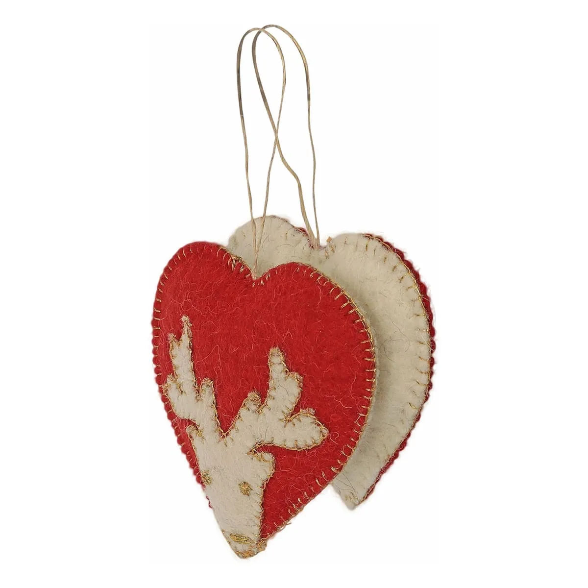 De Kulture Handmade Premium Wool Felt Reindeer Hearts Eco Friendly Needle Felted Christmas Xmas Tree Decoration Stuffed Ornament for Home Office Party Holiday Décor, (Set of 2)