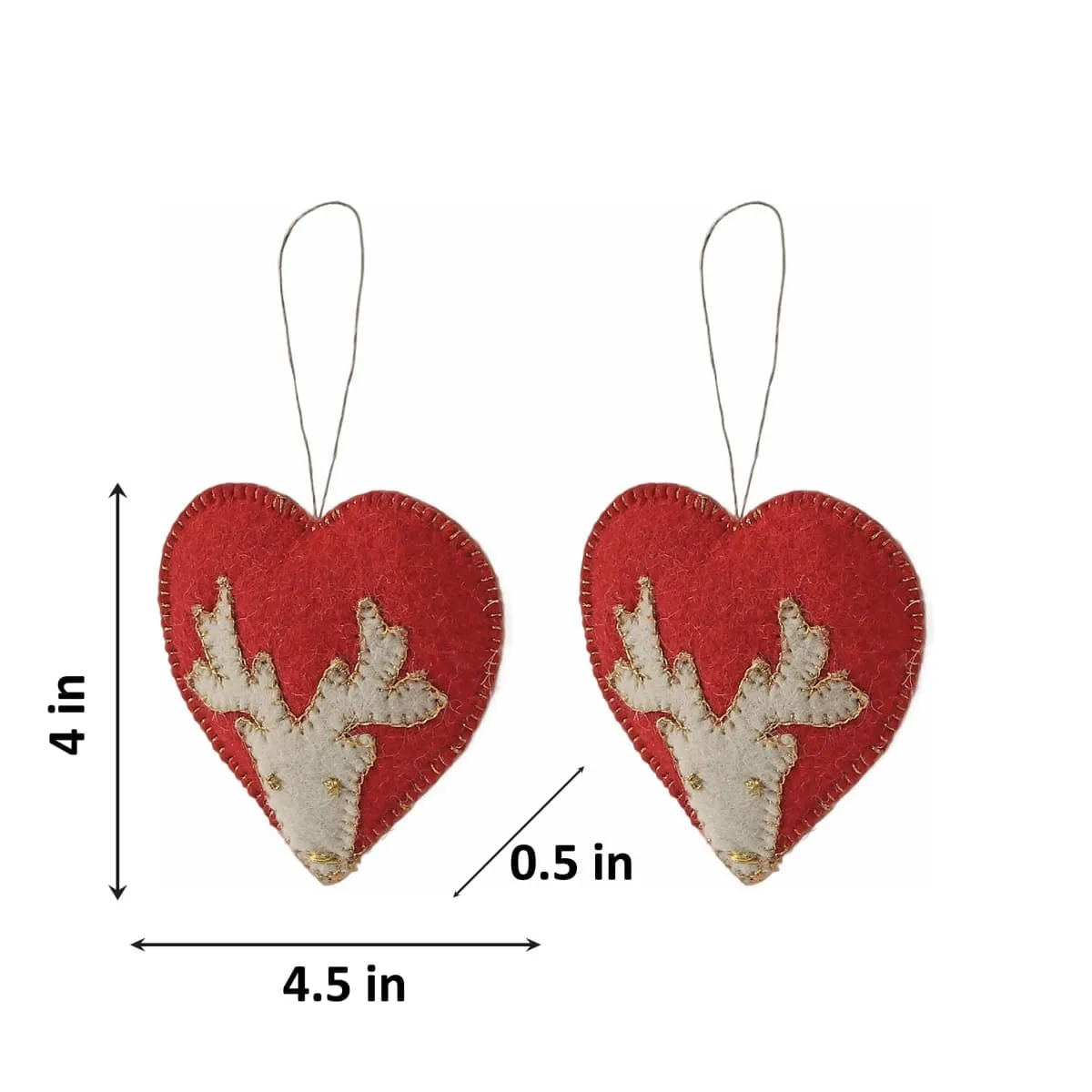 De Kulture Handmade Premium Wool Felt Reindeer Hearts Eco Friendly Needle Felted Christmas Xmas Tree Decoration Stuffed Ornament for Home Office Party Holiday Décor, (Set of 2)