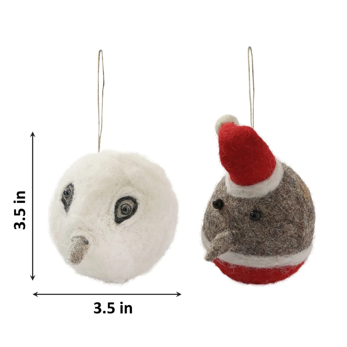 De Kulture Handmade Premium Wool Felt Robin Bird and Owl Bauble Eco Friendly Needle Felted Christmas Xmas Tree Decoration Stuffed Ornament for Home Office Party Holiday Décor, (Set of 2)