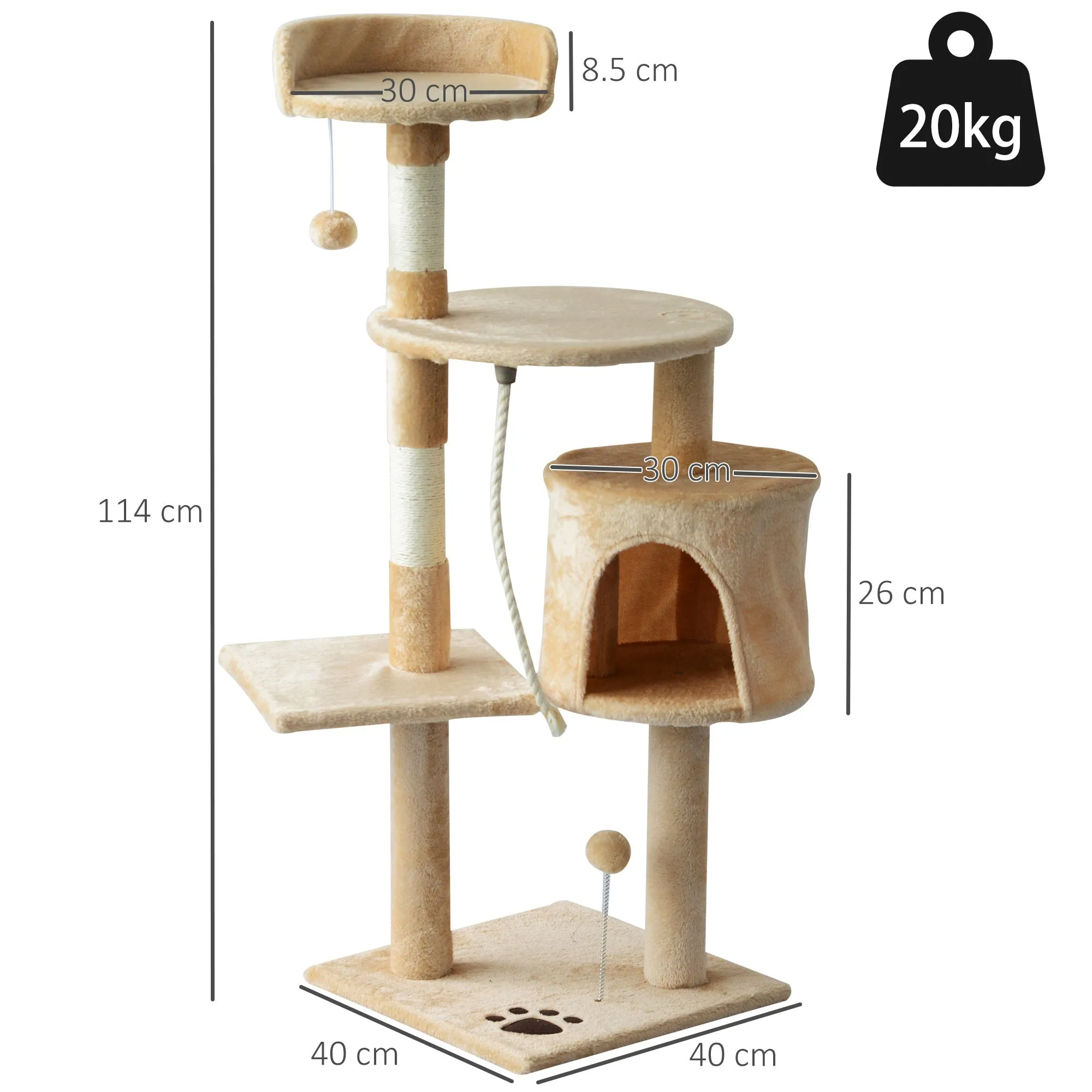 PawHut 40Lx 40Wx114H cm Cat Tree House Scratching Post Ball