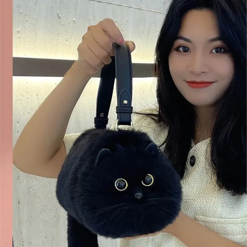 Plush Cute Cat Fur Soft Cool Black Crossbody Bags