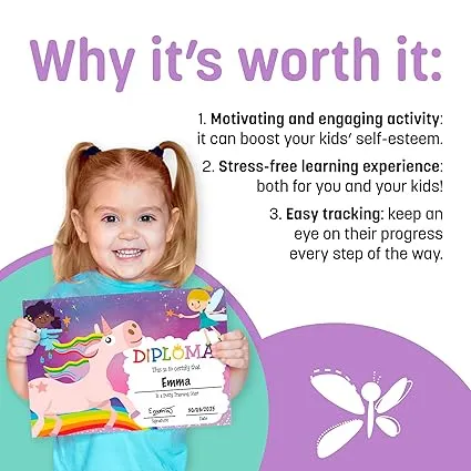 Potty Training Chart: Unicorn Reward System for Girls - 4 Week, 213 Stickers, Certificate, Motivational Cards, Bonus Crown