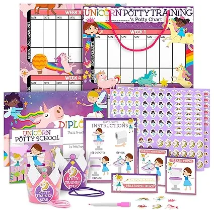 Potty Training Chart: Unicorn Reward System for Girls - 4 Week, 213 Stickers, Certificate, Motivational Cards, Bonus Crown