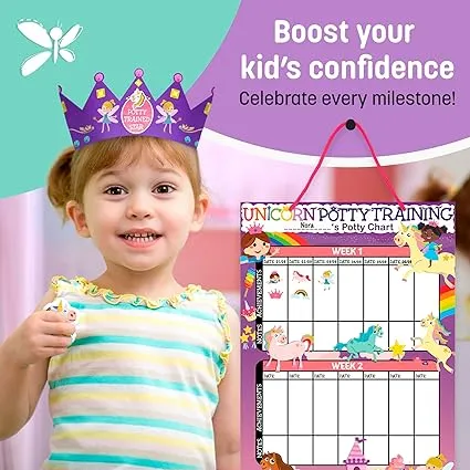 Potty Training Chart: Unicorn Reward System for Girls - 4 Week, 213 Stickers, Certificate, Motivational Cards, Bonus Crown