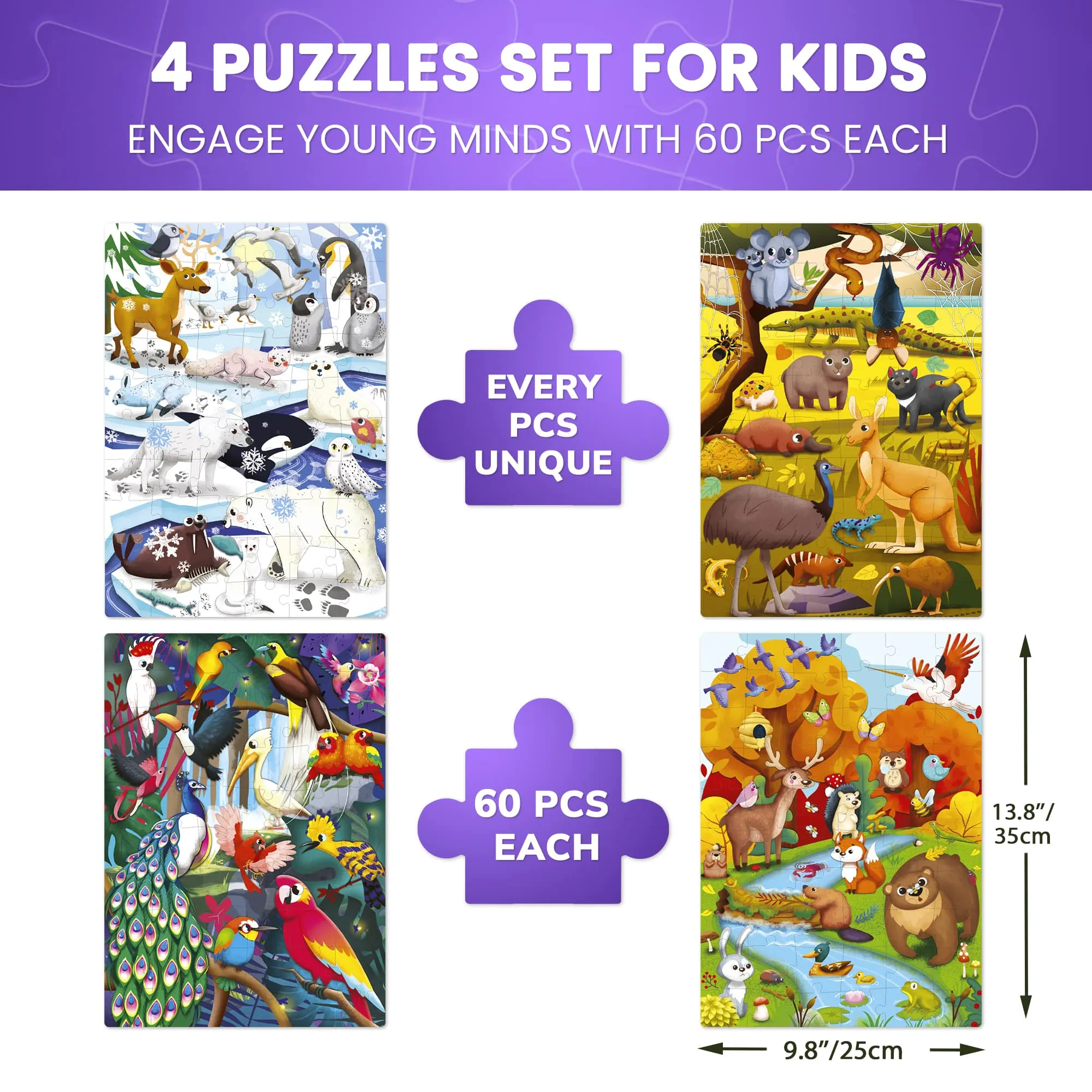 Set of 4x60 Puzzles for Kids | Polar Pals,Birds, Animals