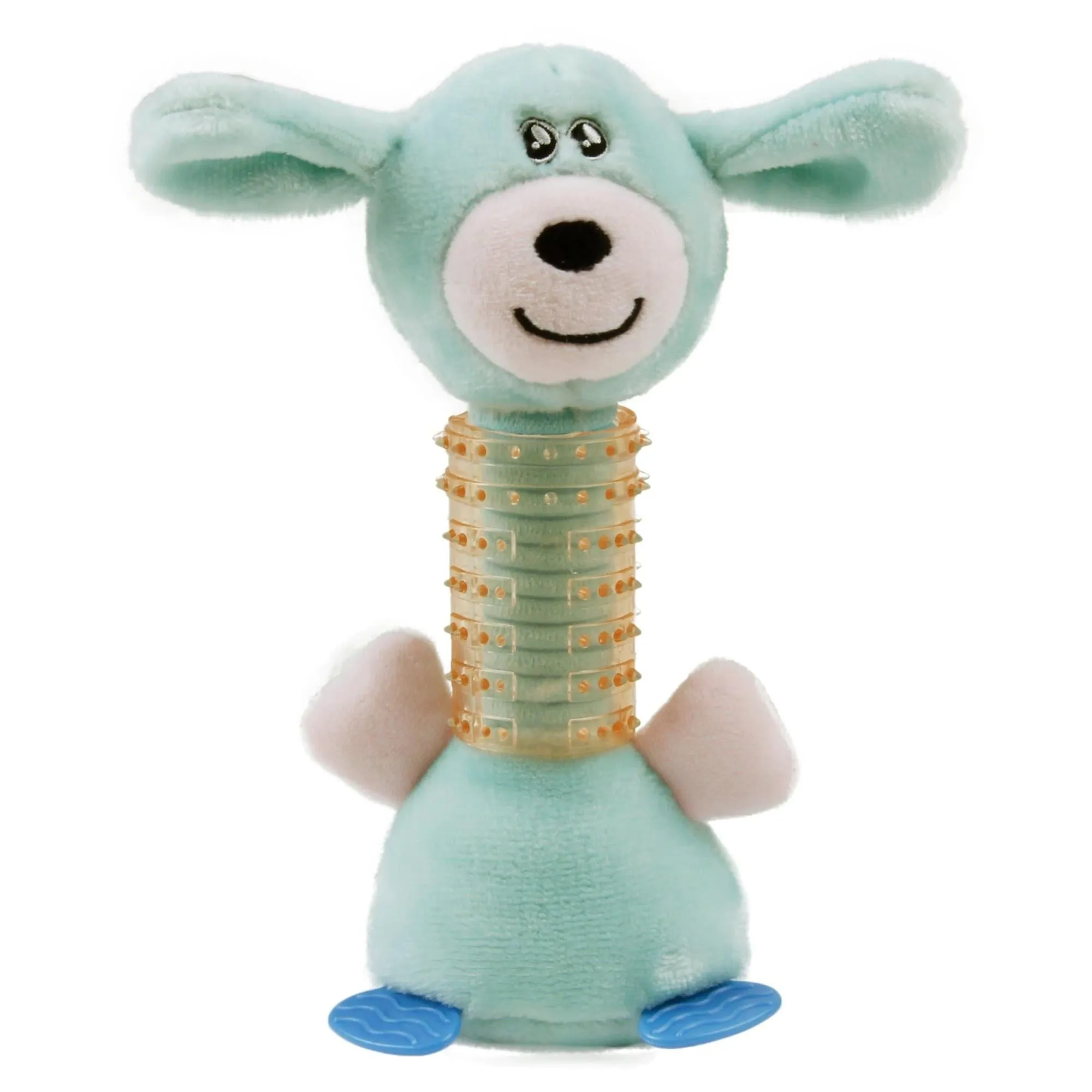 Teething pet toy with squeaky plush head and rubber chew stick. Playtime